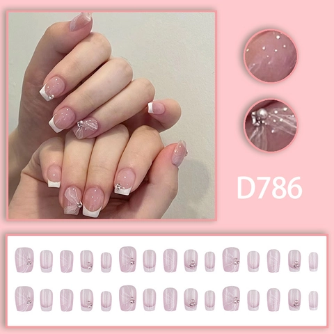 Press On Nails French Tip Translucent Pink With Rhinestone Artificial Pearl Ribbon Bowknot Square Round Short Fake Nails