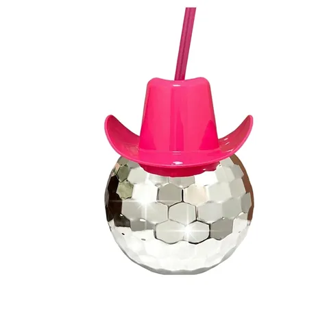 Disco Ball Cup With Cowboy Hat Lid And Straw Plastic Electroplated Reflective Party Drinkware Bachelorette Festival