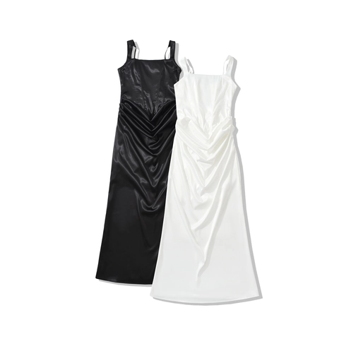Vestito Lungo In Raso Arricciato Pieghettato Schiena Stringata Spalline Sottili Vestibilità Aderente Elegante Da Sera Per Donna