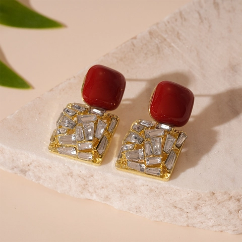 Vintage Geometric Square Stud Earrings Alloy Acrylic Rhinestone With Silver Earring Post Retro Red For Women