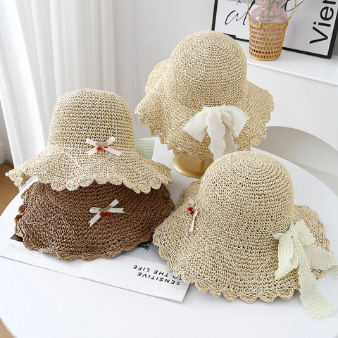 Women Straw Sun Hat Wide Brim Paper Straw Wavy Scalloped Edge Bow Ribbon Cherry Decoration Summer Beach Vacation Breathable