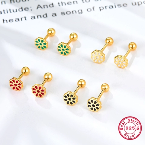 Flower Stud Earrings With 925 Sterling Silver Earring Post Drip Glaze Colorful Enamel Sweet Jewelry For Women Screw Back