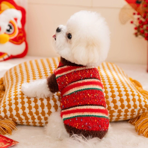 Pull Tricoté Pour Chien Et Chat Rayé Points Colorés Chaud Hiver Vêtement Festif Avec Bordure En Fausse Fourrure Chiot