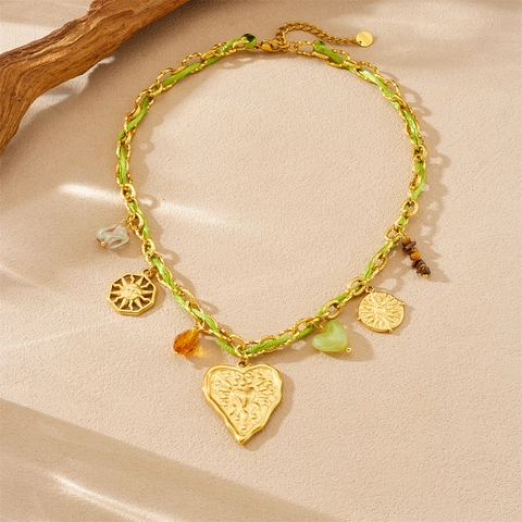 Collana In Acciaio Inossidabile Placcato Oro Pendenti Cuore Sole Bussola Corda Intrecciata Gioielli Stile Boho Per Donna