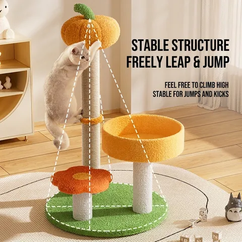 Cat Tree Scratching Post Sisal Rope Plush Multi Level Pumpkin Flower Design For Indoor Activity Climbing Nest Hanging Ball