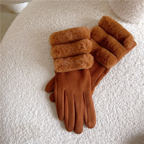 Women's Winter Suede Warm Gloves With Faux Fur Cuff Touch Screen Embroidery Thickened Windproof Outdoor Riding Mittens