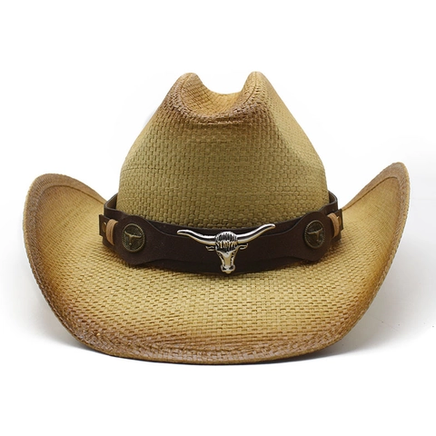 Western Cowboy Strohhut Vintage Jazz Fedora Mit Ledergürtel Stierkopf Metallschmuck Sonnenschutz Für Outdoor Strand