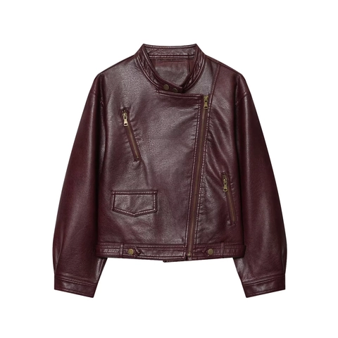 Women PU Leather Motorcycle Jacket Asymmetric Zipper Stand Collar Long Sleeve Biker Outwear Slim Casual