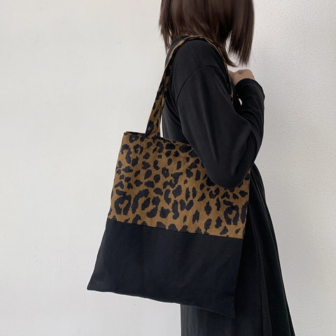 Borsa Tote In Tela E Velluto A Coste Con Stampa Leopardata Grande Capacità Borsa A Spalla Patchwork Vintage Per Donna Studentessa