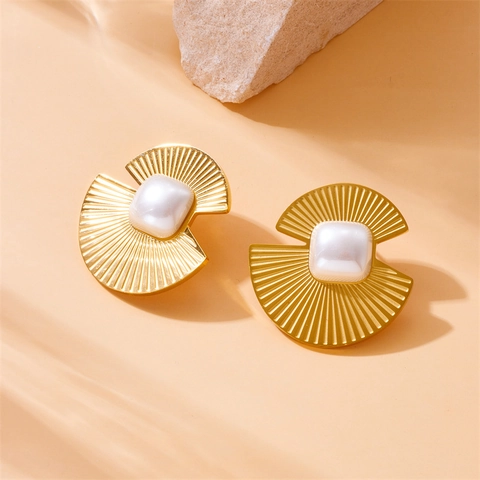 Fan Ohrstecker Edelstahl Quadratische Künstliche Perle Vergoldet Geometrisch Sunburst Retro Schmuck Für Damen