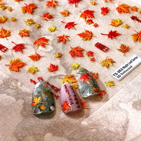 5D Embossed Maple Leaf Nail Stickers With Chinese Calligraphy For Women Autumn Vintage Gold Stamping Nail Art Decoration