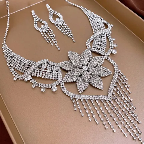 Collar Y Pendientes De Flor Con Flecos De Diamantes De Imitación Cobre Boda Novia Banquete Elegante Mujeres