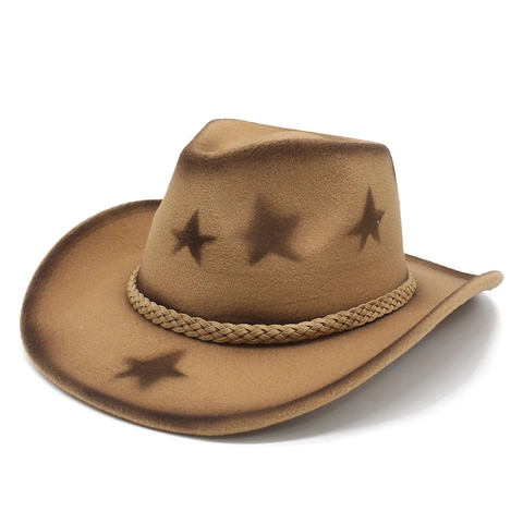 Western Cowboy Hat Felt Star Pattern Gradient Jazz Fedora Wide Brim Retro Sun Hat With Braided Band Outdoor Style