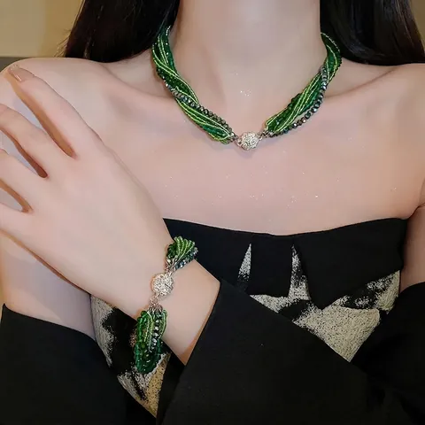 Multi-Strand Crystal Beaded Necklace And Bracelet With Rhinestone Pave Magnetic Ball Clasp Bohemian Elegant For Women
