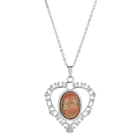 Vintage Hollow Heart Pendant Necklace Stainless Steel Chain With Stone Rose Quartz Amethyst Filigree Jewelry For Women