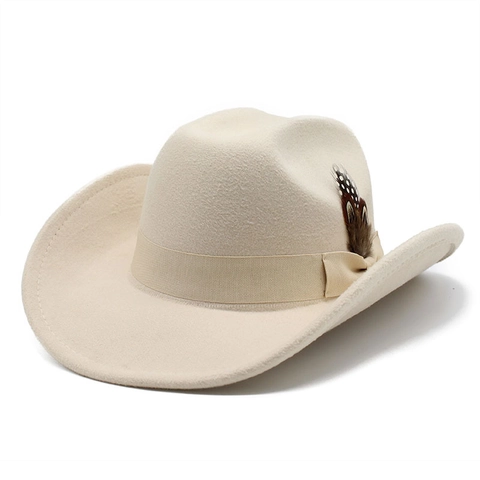 Western Cowboy Hat Woolen Felt Fedora Wide Brim With Feather Decor Retro Elegant Vintage Style For Men Women