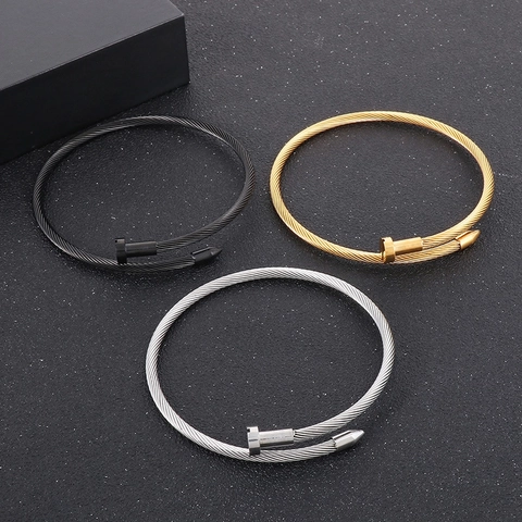 Nail Bangle Stainless Steel Twisted Wire Rope Cable Bracelet Industrial Minimalist Punk Open Cuff Jewelry For Men Women
