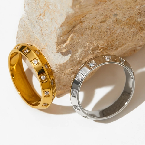 Geometrischer Edelstahl Ring Mit Zirkonia Einlage Vergoldet Trendiger Hip Hop Schmuck Für Damen