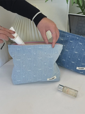 Denim Cosmetic Bag Bowknot Star Embroidery Large Capacity Zipper Storage Pouch Travel Makeup Organizer Women Sweet Chic