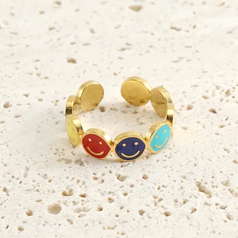 Stainless Steel Smiley Face Ring 18K Gold Plated Colorful Enamel Adjustable Open Band Fashion Jewelry For Women