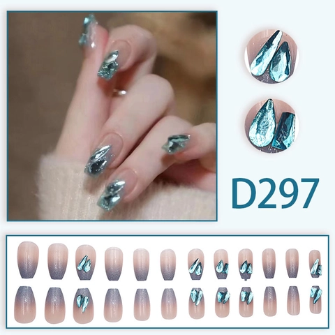 Press On Nagels Lang Vierkant Blauw Paars Verloop Glitter Strass Draagbaar Afneembaar Herbruikbaar Kunstnagels Vrouwen DIY