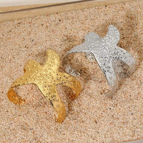 Starfish Open Cuff Bracelet Stainless Steel Irregular Hammered Texture Ocean Series Beach Jewelry Statement For Women