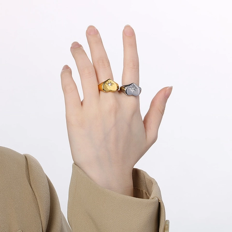 Anillo A Sigillo Cuore Acciaio Inossidabile Stella Scintillante Strass Gioielli Moda Per Donna