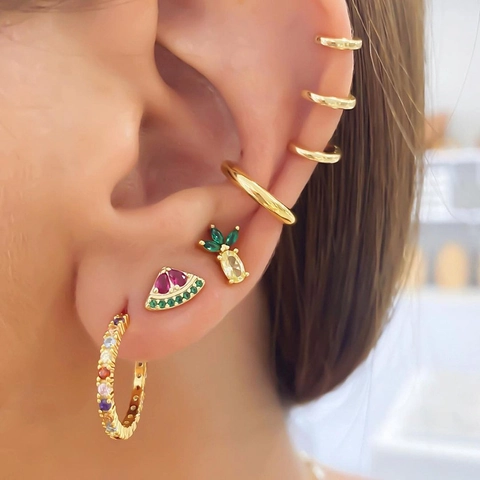 Zirconia Oorbellen En Oorklem Verguld Fruit Ananas Watermeloen Geometrische Regenboog Met Zilveren Oorknopje