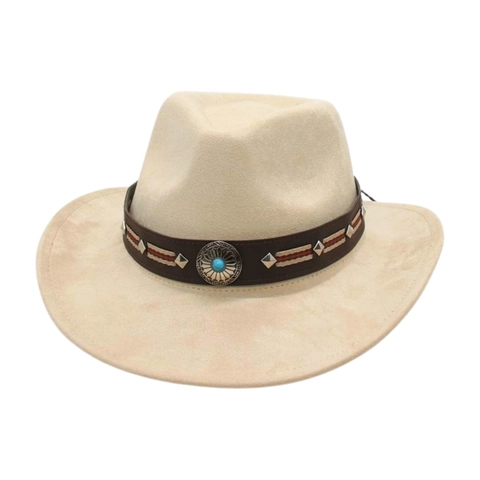 Western Cowboy Hat Vintage Faux Suede Wide Brim Ethnic Turquoise Decorative Band Retro Outdoor Travel For Men Women