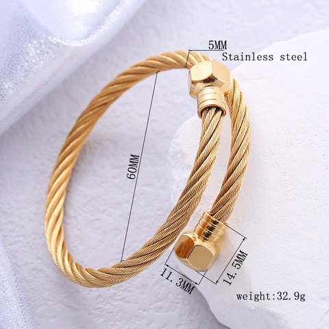 Brazalete Abierto de Acero Inoxidable con Cable Trenzado Diseño de Tuerca Hexagonal Punk Ajustable para Hombre Mujer