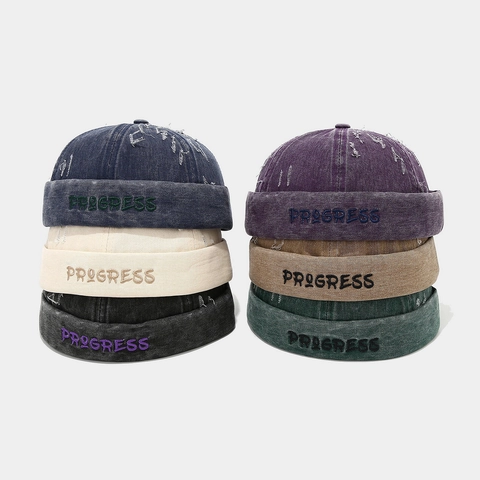 Vintage Distressed Docker Hat Washed Cotton Brimless Cap Letter Embroidery Ripped Retro Streetwear Miki Hat For Men Women