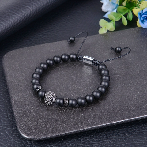 Men Beaded Bracelet Lion Head Black Matte Natural Stone Adjustable Woven Rope Gift For Son Husband Boyfriend