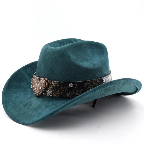 Western Cowboy Hat Retro Suede Wide Brim Vintage Fedora With Heart Buckle Rhinestones Paisley Strap For Women Men