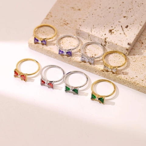 Bowtie Ring Stainless Steel Sparkling Colorful Cubic Zirconia Elegant Jewelry For Women Fashion Minimalist Accessory