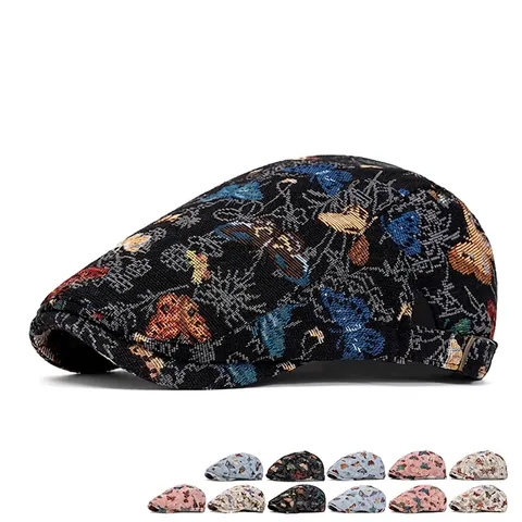 Platte Pet Met Vlinder Borduurwerk Jacquard Katoen Polyester Retro Verstelbare Ivy Baret Voor Dames En Heren