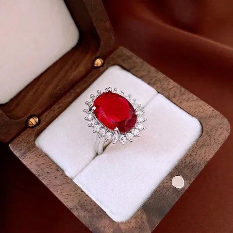 Vintage Luxury Women Copper Ring Oval Red Zircon Halo Design Adjustable Open Band Retro Court Style Niche Hand Jewelry