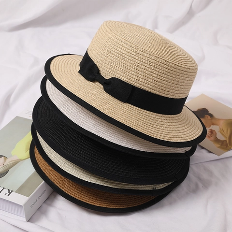 Cappello Boater In Paglia Da Donna Cupola Piatta Protezione Solare Traspirante Nastro Fiocco Elegante Spiaggia Estate Vacanze