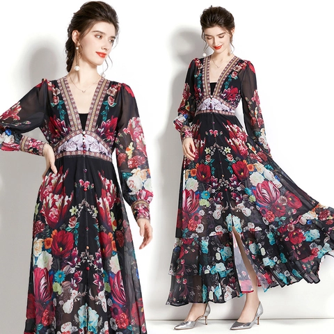 Retro Floral Print Chiffon Maxi Dress Deep V Neck Long Lantern Sleeve Flared Ruffle Hem Bohemian Elegant