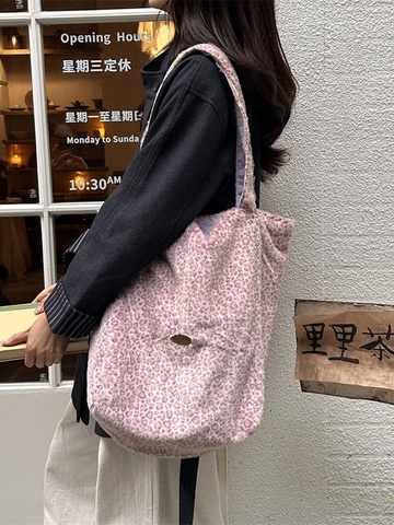 Leopard Muster Kunstfell Tote Bag Damen Winter Plüsch Schultertasche Handtasche Kordelzug Lässige Große Kapazität