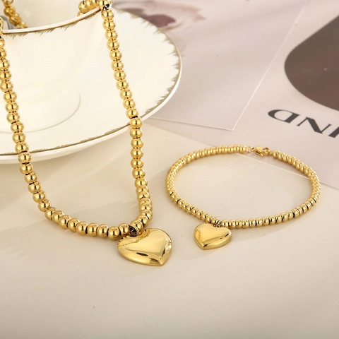 Set Collana E Bracciale Con Pendente A Cuore In Acciaio Inossidabile Gioielli Eleganti Con Catena A Sfere Per Donna