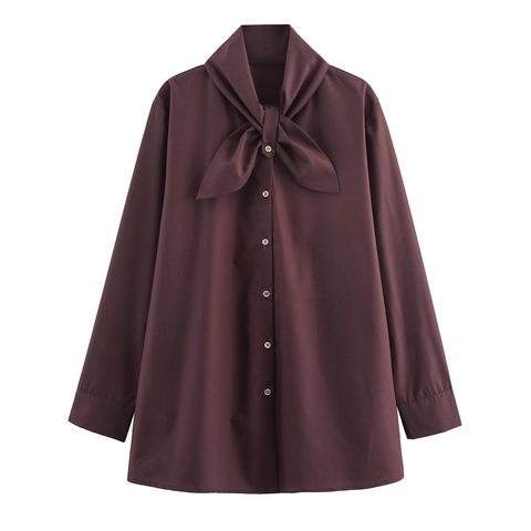 Elegante Damen Bluse Langarm Schalkragen Schleife Design Lose Polyester Oberteil Einreihig Goldene Knöpfe Kastanie