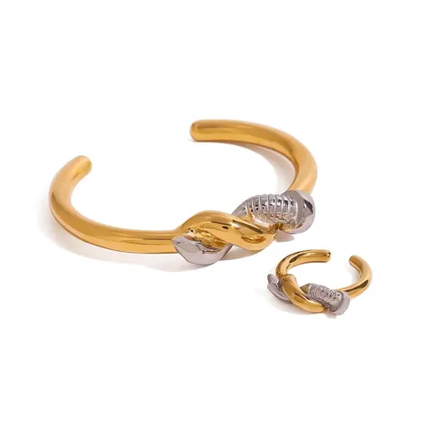 18K Gold Plated Stainless Steel Knot Wrap Two Tone Open Adjustable Ring And Bracelet Elegant Fashion Accessory For Women