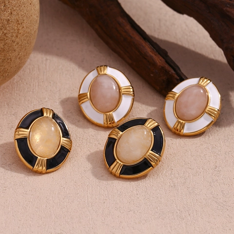 Ovaler Ohrstecker 18K Vergoldeter Edelstahl Emaille Naturstein Inlay Französisch Retro Vintage Schmuck Für Damen
