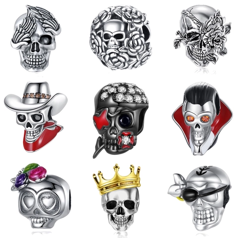 Skull Head Charms Silver Plated Copper Enamel Zircon Halloween DIY Jewelry Making Gothic Skeleton Beads Accessories
