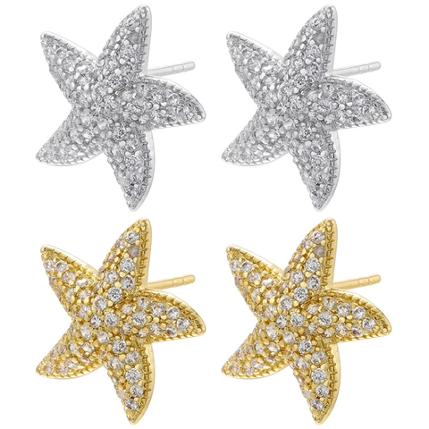 Pendientes de Botón de Estrella de Mar de Circonia para Mujer en Cobre Incrustado Joyería Fina de Estilo Marino Color Oro Plata