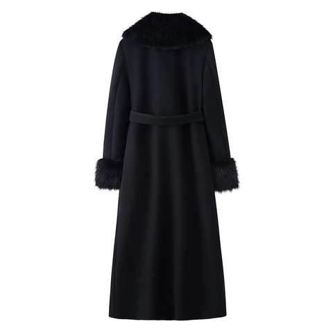 Damen Langer Schwarzer Mantel Mit Kunstpelzkragen Und Manschetten Eleganter Taillengürtel Winterjacke