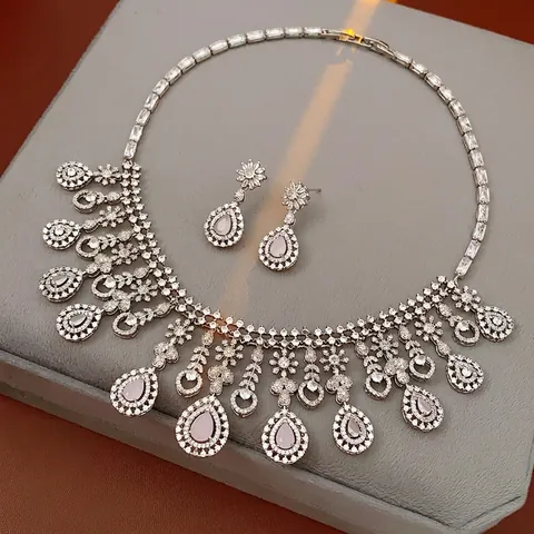 Pink Water Drop Zircon Necklace And Earrings Copper Flower Luxury Exquisite For Women With Silver Earring Post