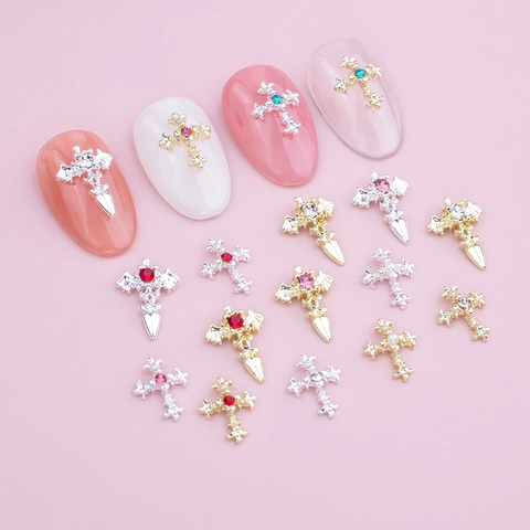 Ciondoli Per Unghie Croce Gotica Lega Zircone Strass Retro Spada Ali Flatback Punk Manicure Decorazione Fai Da Te