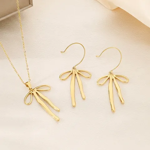 Bowknot Jewelry Stainless Steel Bow Ribbon Pendant Necklace And Earrings Fashion Sweet Minimalist For Women