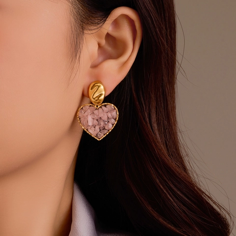 Boucles d'Oreilles Pendantes Cœur en Acier Inoxydable Plaqué Or 18K avec Incrustation de Pierre Naturelle Bijoux de Mode Femme